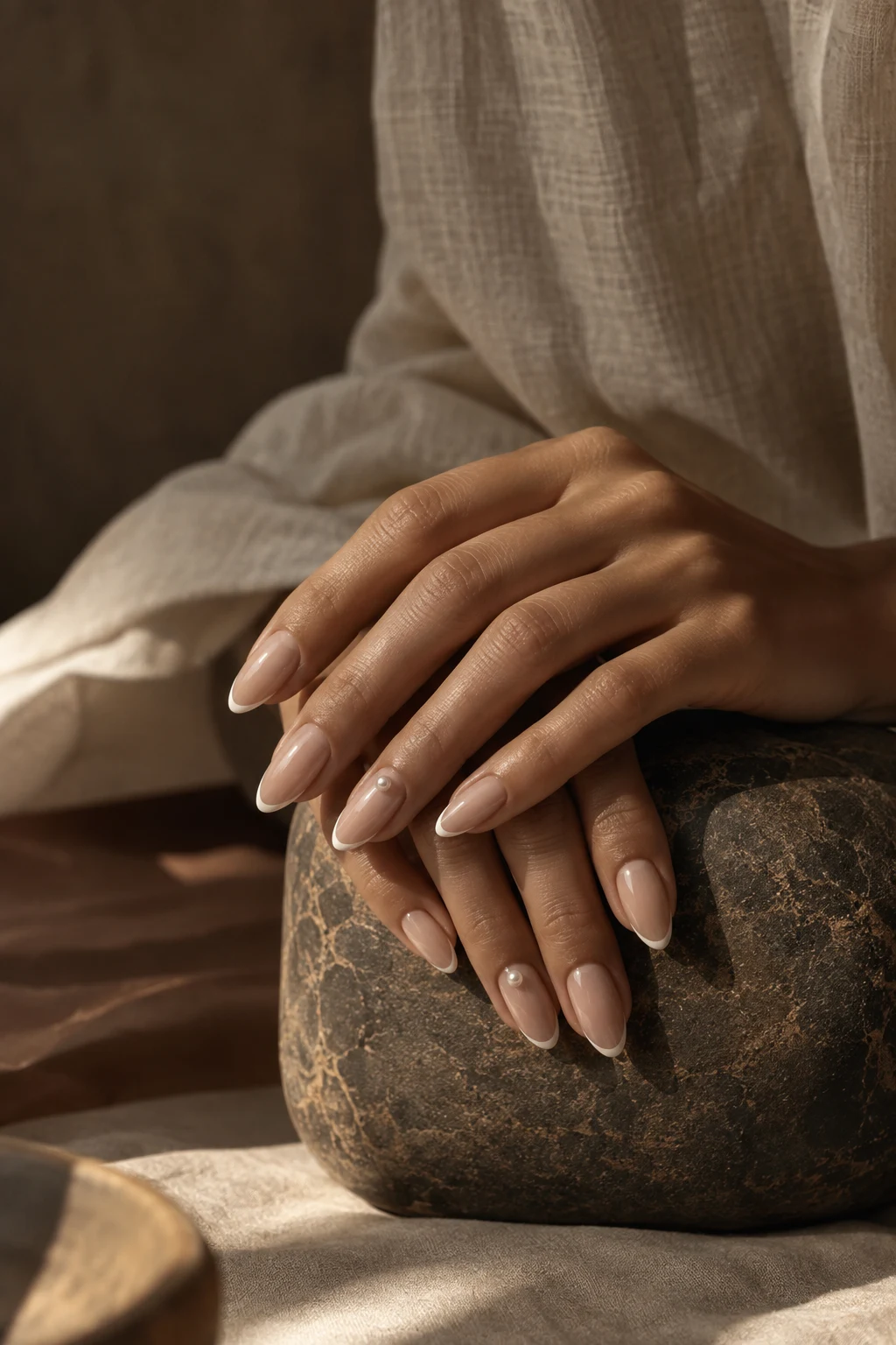Editorial blush French manicure with delicate pearl accents